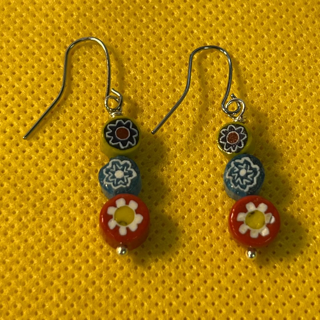 Blue Yellow And Red Italian Florentine Glass Silver Tone Pierced Earrings